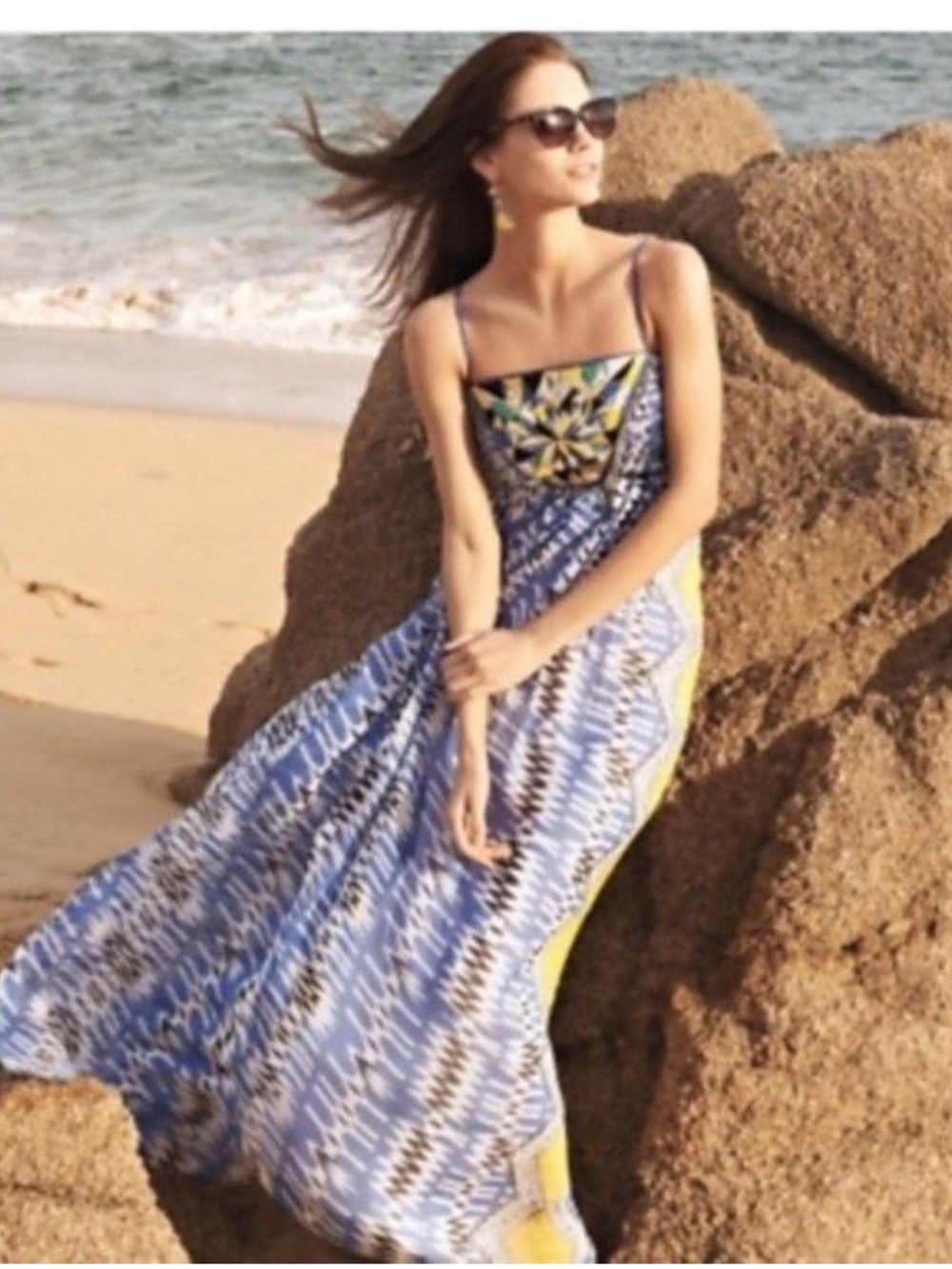 Anthropologie Ranna Gill Sunburst Embroidered Blue Patterned Maxi Dress Small